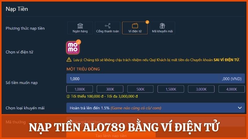 Quy trình nạp tiền vào Alo789 siêu tiện lợi với ví điện tử